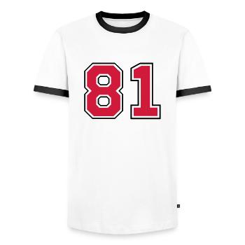81__f2 - Männer Kontrast-T-Shirt - Weiß/Schwarz - Vorne - AI Model Female 172 light (172cm) & AI Model Male 178 dark (178cm)