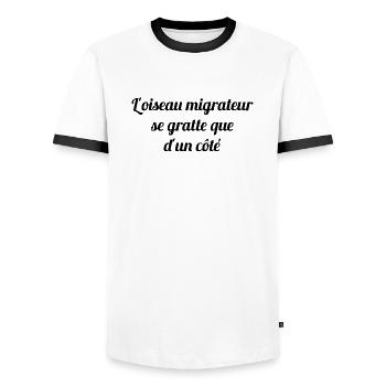 L'oiseau migrateur se gratte que d'un côté - T-shirt contrasté Homme - blanc/noir - Devant - AI Model Female 172 light (172cm) & AI Model Male 178 dark (178cm)