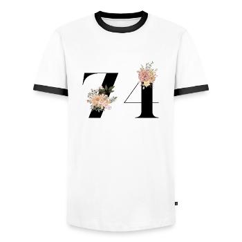 74th Anniversary Flowers (Gift of 74 years) - Men's Ringer Shirt - white/black - Front - AI Model Female 172 light (172cm) & AI Model Male 178 dark (178cm)