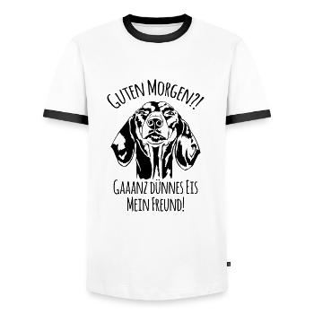 Lustiger Dackel Teckel Ganz dünnes Eis Spruch - Männer Kontrast-T-Shirt - Weiß/Schwarz - Vorne - AI Model Female 172 light (172cm) & AI Model Male 178 dark (178cm)
