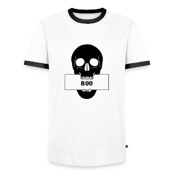 Totenkopf Schädel mit Schild "Boo" - Männer Kontrast-T-Shirt - Weiß/Schwarz - Vorne - AI Model Female 172 light (172cm) & AI Model Male 178 dark (178cm)