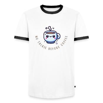 Coffee First – Funny Coffee Shirt - Men's Ringer Shirt - white/black - Front - AI Model Female 172 light (172cm) & AI Model Male 178 dark (178cm)