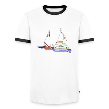Segelboot - Männer Kontrast-T-Shirt - Weiß/Schwarz - Vorne - AI Model Female 172 light (172cm) & AI Model Male 178 dark (178cm)