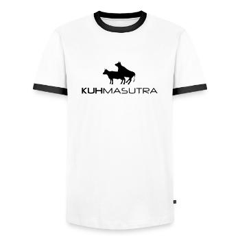 Kuh-masutra Kamasutra Schweiz Kuh - Männer Kontrast-T-Shirt - Weiß/Schwarz - Vorne - AI Model Female 172 light (172cm) & AI Model Male 178 dark (178cm)