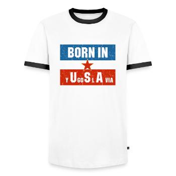 Born dans Yugoslavia Kosovo Cadeau Jugo Tito SFRJ - T-shirt contrasté Homme - blanc/noir - Devant - AI Model Female 172 light (172cm) & AI Model Male 178 dark (178cm)