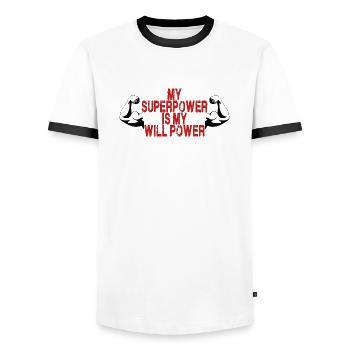 my superpower is my will power - Men's Ringer Shirt - white/black - Front - AI Model Female 172 light (172cm) & AI Model Male 178 dark (178cm)