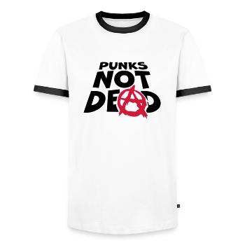 punks not dead quote - Men's Ringer Shirt - white/black - Front - AI Model Female 172 light (172cm) & AI Model Male 178 dark (178cm)