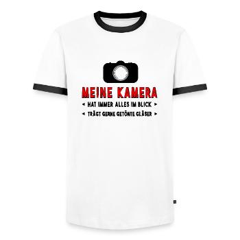 Kamera Fotograf - Männer Kontrast-T-Shirt - Weiß/Schwarz - Vorne - AI Model Female 172 light (172cm) & AI Model Male 178 dark (178cm)