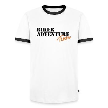 Biker Adventure Team - MarokkoTour2024.de - Men's Ringer Shirt - white/black - Front - AI Model Female 172 light (172cm) & AI Model Male 178 dark (178cm)