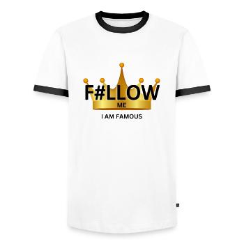 F#llow me - I AM FAMOUS - Männer Kontrast-T-Shirt - Weiß/Schwarz - Vorne - AI Model Female 172 light (172cm) & AI Model Male 178 dark (178cm)