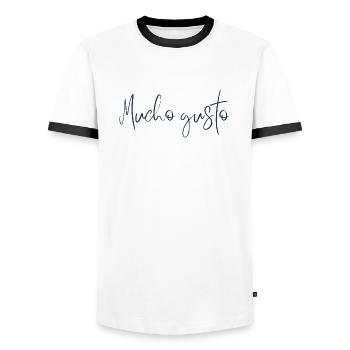 Mucho Gusto – Friendly Spanish Greeting Design - Men's Ringer Shirt - white/black - Front - AI Model Female 172 light (172cm) & AI Model Male 178 dark (178cm)