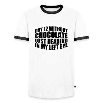 Sans chocolat, perte de l’ouïe dans mon œil gauche 8 - T-shirt contrasté Homme - blanc/noir - Devant - AI Model Female 172 light (172cm) & AI Model Male 178 dark (178cm)