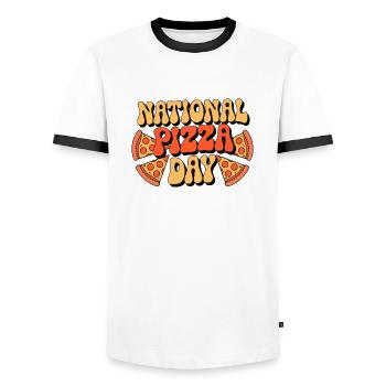 National Pizza Day 2025 pizza day gift - Men's Ringer Shirt - white/black - Front - AI Model Female 172 light (172cm) & AI Model Male 178 dark (178cm)