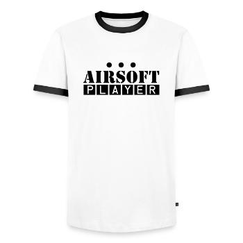 airsoft_player_1__f1 - Men's Ringer Shirt - white/black - Front - AI Model Female 172 light (172cm) & AI Model Male 178 dark (178cm)
