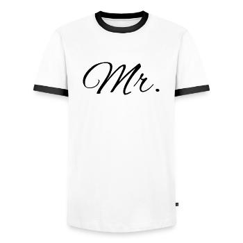 Partnershirts "Mr. & Mrs." (schwarz) - Männer Kontrast-T-Shirt - Weiß/Schwarz - Vorne - AI Model Female 172 light (172cm) & AI Model Male 178 dark (178cm)