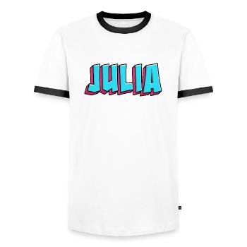 Image du nom : Julia - T-shirt contrasté Homme - blanc/noir - Devant - AI Model Female 172 light (172cm) & AI Model Male 178 dark (178cm)