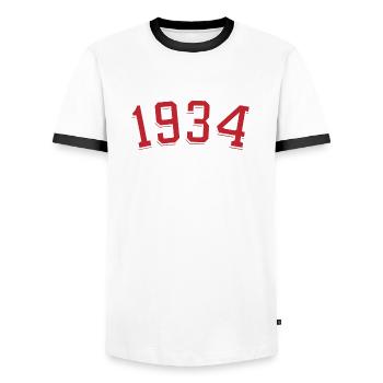 Année de naissance sport 1934 - T-shirt contrasté Homme - blanc/noir - Devant - AI Model Female 172 light (172cm) & AI Model Male 178 dark (178cm)
