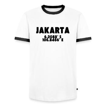 Jakarta - Desing mit Koordinaten - Männer Kontrast-T-Shirt - Weiß/Schwarz - Vorne - AI Model Female 172 light (172cm) & AI Model Male 178 dark (178cm)