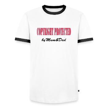 copyright protected by mum and dad - T-shirt contrasté Homme - blanc/noir - Devant - AI Model Female 172 light (172cm) & AI Model Male 178 dark (178cm)