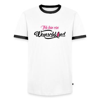 I am a child - Men's Ringer Shirt - white/black - Front - AI Model Female 172 light (172cm) & AI Model Male 178 dark (178cm)
