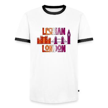 Lesbian London LGBTQI lesbian pride flag coloursUK - Men's Ringer Shirt - white/black - Front - AI Model Female 172 light (172cm) & AI Model Male 178 dark (178cm)