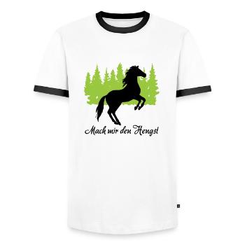 "Mach mir den Hengst: Stolze Männlichkeit" - Männer Kontrast-T-Shirt - Weiß/Schwarz - Vorne - AI Model Female 172 light (172cm) & AI Model Male 178 dark (178cm)