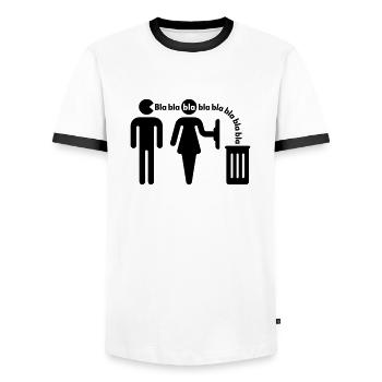 Bla bla bla (m/small) - Men's Ringer Shirt - white/black - Front - AI Model Female 172 light (172cm) & AI Model Male 178 dark (178cm)