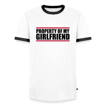 propriété de faisceau de ma petite amie en disant conception eig - T-shirt contrasté Homme - blanc/noir - Devant - AI Model Female 172 light (172cm) & AI Model Male 178 dark (178cm)