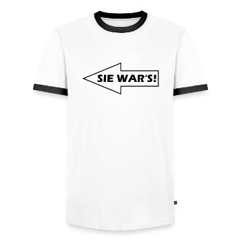 Sie war's! - nach links - Männer Kontrast-T-Shirt - Weiß/Schwarz - Vorne - AI Model Female 172 light (172cm) & AI Model Male 178 dark (178cm)