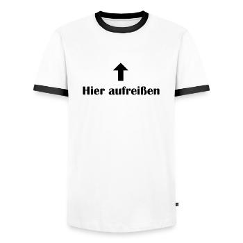 Lustige Anmache Spruch - Hier aufreissen - Männer Kontrast-T-Shirt - Weiß/Schwarz - Vorne - AI Model Female 172 light (172cm) & AI Model Male 178 dark (178cm)
