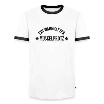 Kräftig Muskulös Muskelprotz Stämmig bodybuilding - Männer Kontrast-T-Shirt - Weiß/Schwarz - Vorne - AI Model Female 172 light (172cm) & AI Model Male 178 dark (178cm)