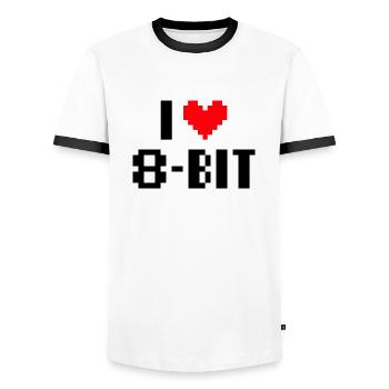 I love 8bit - Men's Ringer Shirt - white/black - Front - AI Model Female 172 light (172cm) & AI Model Male 178 dark (178cm)