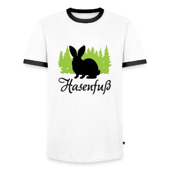 "Hasenfuß: Charmant schüchtern" - Männer Kontrast-T-Shirt - Weiß/Schwarz - Vorne - AI Model Female 172 light (172cm) & AI Model Male 178 dark (178cm)