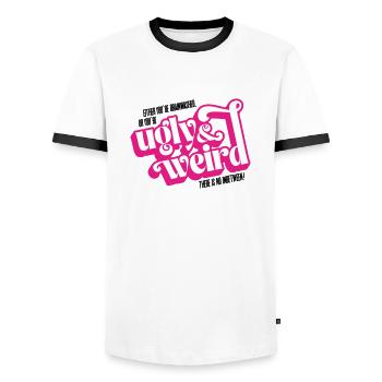 Movie quote: brainwashed or UGLY & WEIRD! - Men's Ringer Shirt - white/black - Front - AI Model Female 172 light (172cm) & AI Model Male 178 dark (178cm)