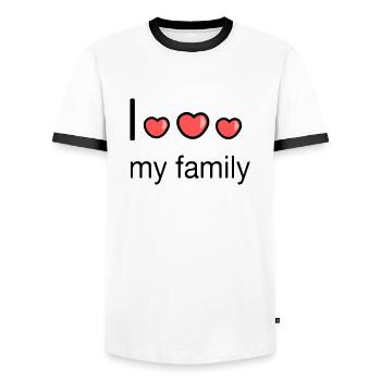 J’aime ma famille - T-shirt contrasté Homme - blanc/noir - Devant - AI Model Female 172 light (172cm) & AI Model Male 178 dark (178cm)