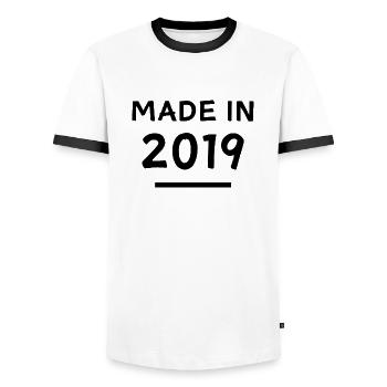 Made in 2019 - Year of Birth / Birthday - Men's Ringer Shirt - white/black - Front - AI Model Female 172 light (172cm) & AI Model Male 178 dark (178cm)