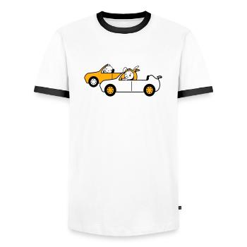 Hase Vogel Küken 2 Auto fahren Team Zwei Freunde - Männer Kontrast-T-Shirt - Weiß/Schwarz - Vorne - AI Model Female 172 light (172cm) & AI Model Male 178 dark (178cm)