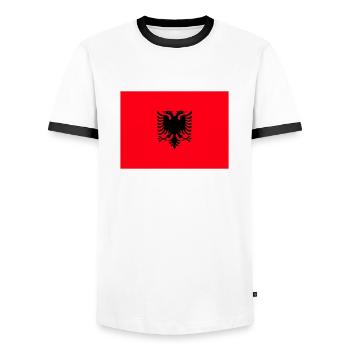 albania - Men's Ringer Shirt - white/black - Front - AI Model Female 172 light (172cm) & AI Model Male 178 dark (178cm)