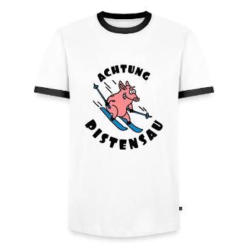 pistensau_02_e_3c - Men's Ringer Shirt - white/black - Front - AI Model Female 172 light (172cm) & AI Model Male 178 dark (178cm)