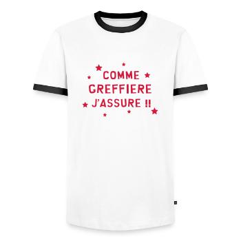 Greffe / Greffier / Justice / Droit / Greffière - T-shirt contrasté Homme - blanc/noir - Devant - AI Model Female 172 light (172cm) & AI Model Male 178 dark (178cm)