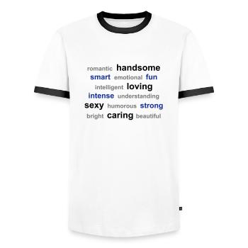 word cloud - Men's Ringer Shirt - white/black - Front - AI Model Female 172 light (172cm) & AI Model Male 178 dark (178cm)