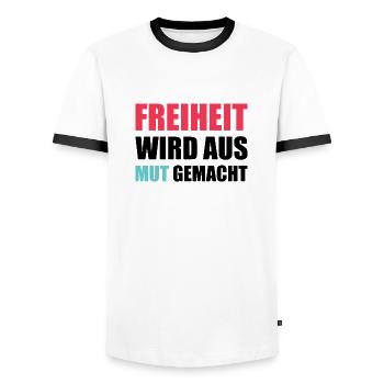 Freiheit wird aus Mut gemacht - Männer Kontrast-T-Shirt - Weiß/Schwarz - Vorne - AI Model Female 172 light (172cm) & AI Model Male 178 dark (178cm)