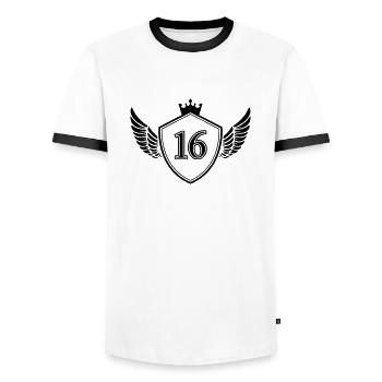 wappen 16 - Männer Kontrast-T-Shirt - Weiß/Schwarz - Vorne - AI Model Female 172 light (172cm) & AI Model Male 178 dark (178cm)