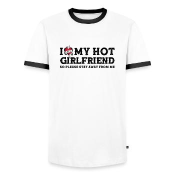 Vintage I Love My Hot Girlfriend - Stay Away - Men's Ringer Shirt - white/black - Front - AI Model Female 172 light (172cm) & AI Model Male 178 dark (178cm)