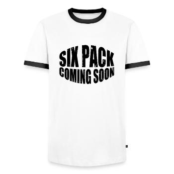 Six Pack Coming Soon 65 - Men's Ringer Shirt - white/black - Front - AI Model Female 172 light (172cm) & AI Model Male 178 dark (178cm)