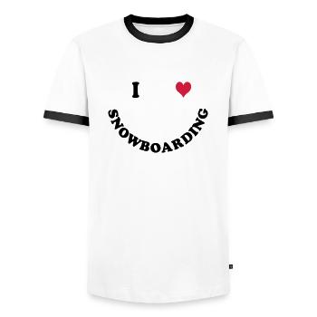 I love Snowboarding - Men's Ringer Shirt - white/black - Front - AI Model Female 172 light (172cm) & AI Model Male 178 dark (178cm)