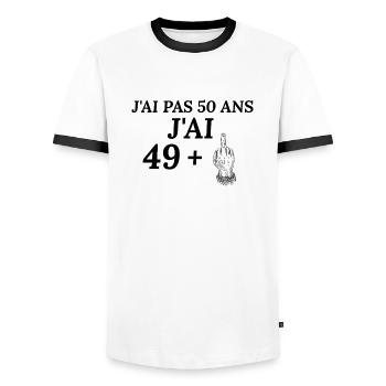 Anniversaire 50 ans J'ai pas 50 ans j'ai 49+ - T-shirt contrasté Homme - blanc/noir - Devant - AI Model Female 172 light (172cm) & AI Model Male 178 dark (178cm)