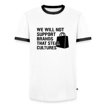 We will not support brands that steal cultures - Männer Kontrast-T-Shirt - Weiß/Schwarz - Vorne - AI Model Female 172 light (172cm) & AI Model Male 178 dark (178cm)