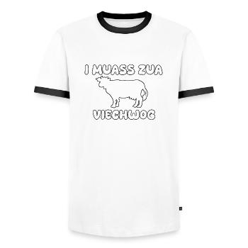 Kua viech vieh funny saying - Men's Ringer Shirt - white/black - Front - AI Model Female 172 light (172cm) & AI Model Male 178 dark (178cm)