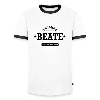 beate - Männer Kontrast-T-Shirt - Weiß/Schwarz - Vorne - AI Model Female 172 light (172cm) & AI Model Male 178 dark (178cm)